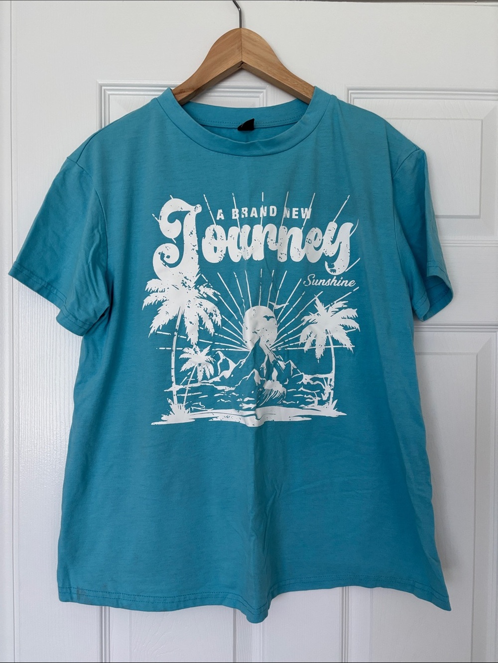 SHEIN Teal Blue Short Sleeve Graphic Tee with White Palm Print